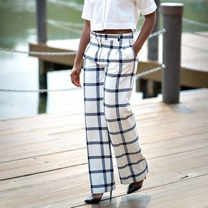 Zara Checked Wide Leg Trousers Size Medium In Blue & White